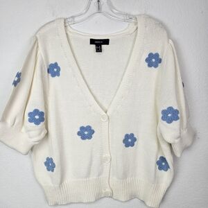 Forever 21 Sweater Cardigan Cropped Flower Embroidery Sz 2X Hippie Retro